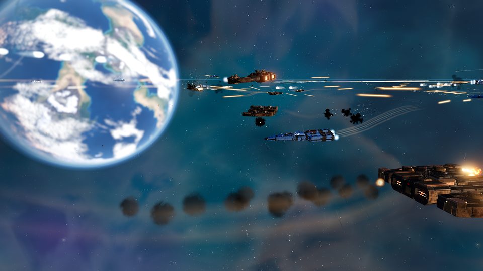 A wounded Marauder hull drags a trail of wreckage past the planet.