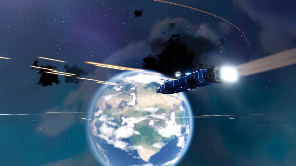 A Dominion Battle Cruiser runs low across the battle.