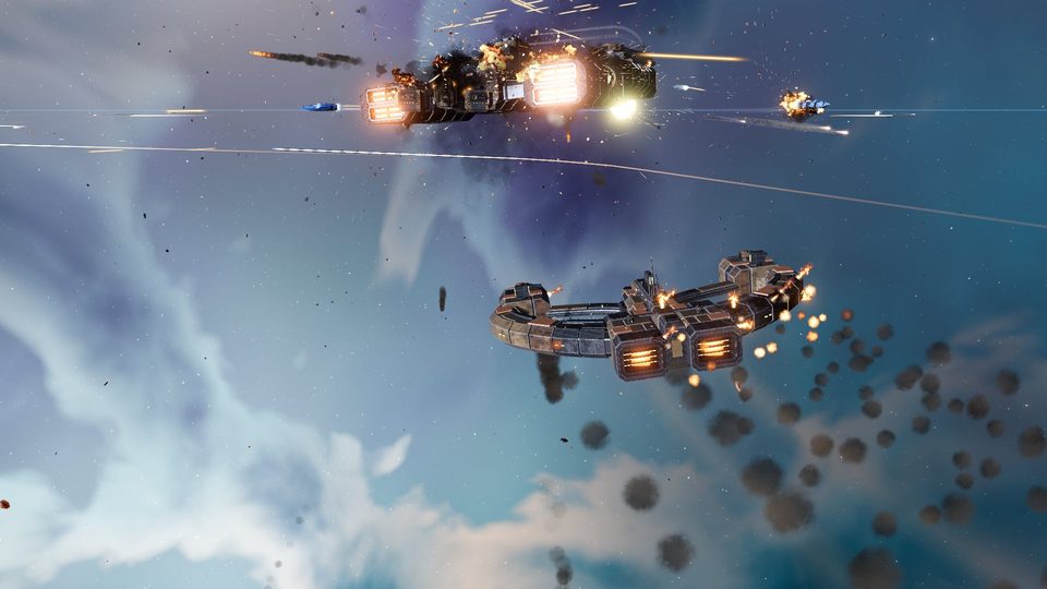 Marauder frigates break apart under Dominion fire.