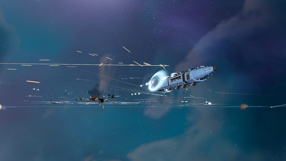 Dominion shields light up as Marauder fire lands.