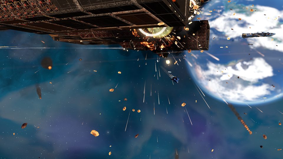 Fire and debris beneath an armoured Marauder hull.