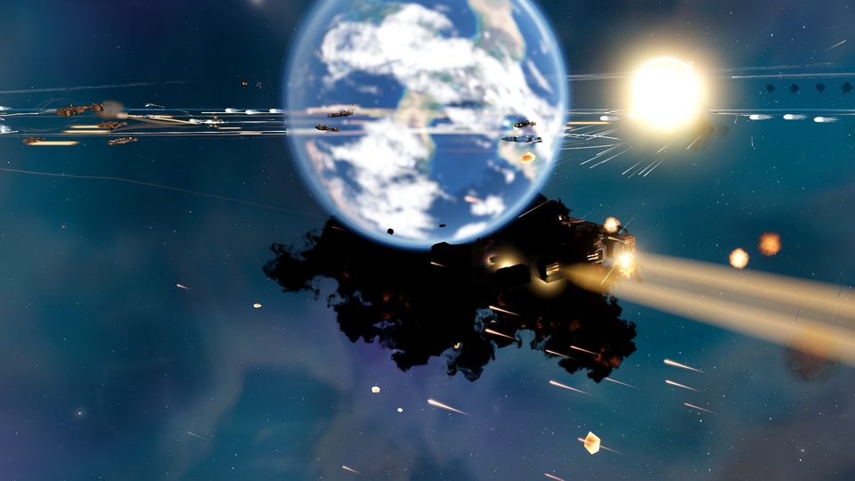A burning hull drifts out of the fight in the light of the star.