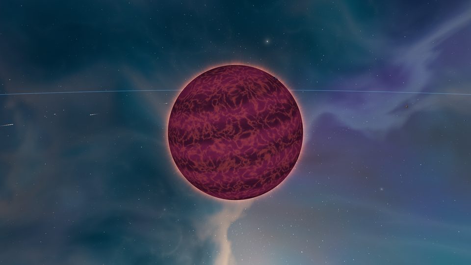 A failed star: dim, banded, faintly glowing.