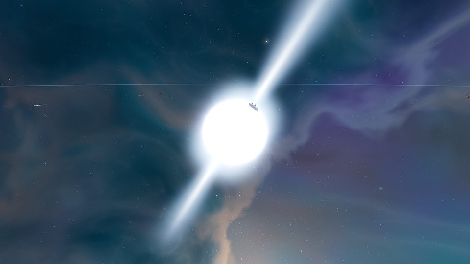 A collapsed core sweeping beams of radiation.
