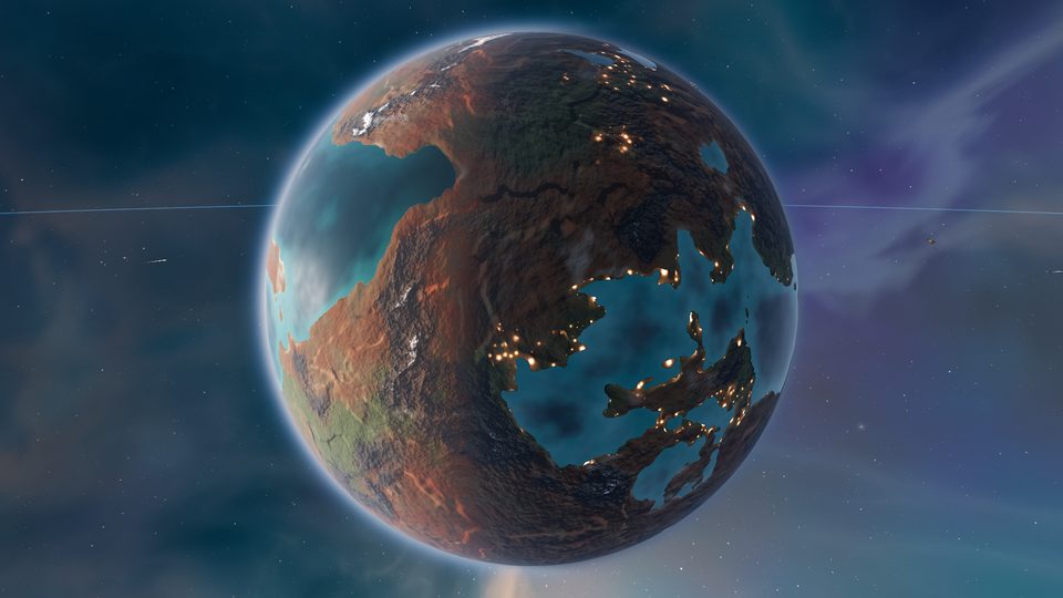 Dry continents around shrinking seas; settlements cling to the coasts.